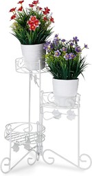 Relaxdays Metalowy stojak na kwiaty, 3 poziomy, do składania, dekoracyjny stojak na kwiaty, vintage, wewnątrz i na zewnątrz, wys.: 40 cm, biały