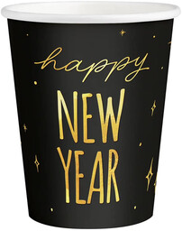 Kubeczki papierowe na Sylwestra Nowy Rok Happy New Year czarne - 220 ml - 6 szt.