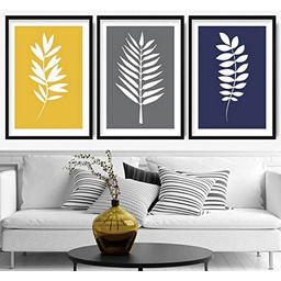 Artze Wall Art 3-częściowy zestaw z nadrukiem tropikalnej paproci, Obrazy na Ścianę, 30 cm szerokości x 40 cm wysokości, żółty/szary/granatowy