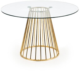STÓŁ JADALNIANY okrągły, metalowa złota podstawa, szklany blat, glamour