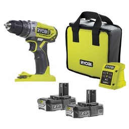 RYOBI Wiertarko-wkrętarka R18PD2-220S + dwustronny bit + ładowarka + torba + zestaw akumulatorów