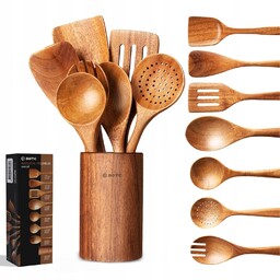 Zestaw Przyborów Kuchennych 8w1 Z Uchwytem Drewniane Łyżki Szpatułki