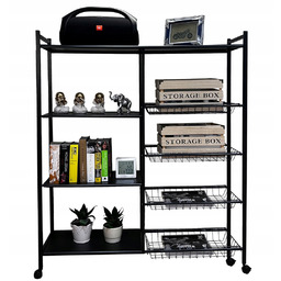 Metalowy Duży Regał Na Kółkach 4 Poziomy Mobilny Czarny Półki 4 Koszyczki