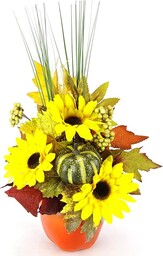 Sztuczne kwiaty słonecznikowe z dynią w doniczce jabłka sztuczne kwiaty aranżacja sztuczna dekoracja stołu jesienna dekoracja letnia bukiet kwiaty parapet