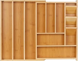 Relaxdays Pojemnik na sztućce, wysuwany, 8-11 przegródek, wys. x szer. x gł.: 5,5 x 32-54 x 42 cm, bambus i MDF, wkład do szuflad, naturalny