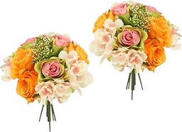 Flair Flower Sztuczny bukiet róż z hortensjami, bukiet sztucznych kwiatów, bukiet jedwabnych kwiatów, bukiet hortensji, róże, sztuczne kwiaty, wesele, biały/różowy/pomarańczowy