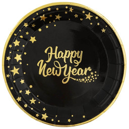 Talerzyki papierowe na Sylwestra Nowy Rok Happy New Year czarne - 18 cm - 6 szt.