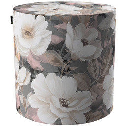Puf Barrel, kremowe i różowe kwiaty na szarym tle , ø40, wys. 40 cm, Gardenia