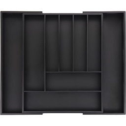 Relaxdays Pojemnik na sztućce wysuwany, bambus, wys. x gł.: 5 x 33,5-49,5 x 44,5 cm, 7-9 przegródek, wkład na sztućce szuflada, czarny
