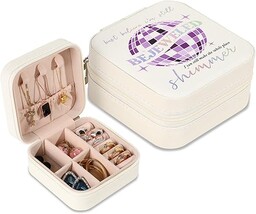 GIFTSFARM Pudełko na biżuterię, małe etui na biżuterię dla fanów Taylora, prezenty Taylor, przenośne etui na biżuterię z fioletową kulką dyskotekową na bransoletkę, naszyjnik, pierścionek, organizer