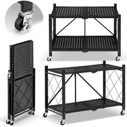 Regał metalowy magazynowy składany HIGHER na kółkach czarny 2 półki mobilny loftowy