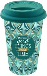 PORCELANOWY KUBEK PODRÓŻNY - Good Things Take Time - Z POKRYWKĄ 350 ml