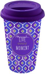 PORCELANOWY KUBEK PODRÓŻNY - Live every moment - Z POKRYWKĄ 350 ml