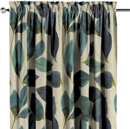 Zasłona na kanale z grzywką 1 szt., liście w kolorze szmaragdowej zieleni z fioletem na lnianym tle, Gardenia
