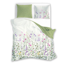 Faro Pościel bawełniana 140x200 kremowa zielona kwiaty Letni Sen 019