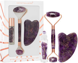 CRYSTALLOVE Amethyst Beauty Set Zestaw roller do masażu twarzy + płytka gua sha + buteleczka roll-on AMETYST