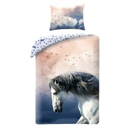 Halantex Pościel bawełniana 140x200 Horse Koń pudrowa niebieska poszewka 70x90 Kids 12