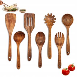 Zestaw: 7 Drewnianych Przyborów Kuchennych Z Naturalnego Drewna Teakowego.