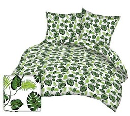 Karo Pościel z kory 140x200 178a biała liście zielone Monstera gałązki palmy na guziki bawełna