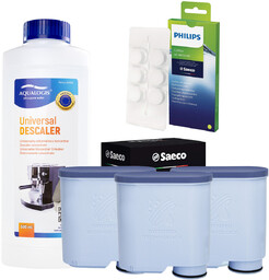Zestaw Philips Saeco - Filtr Philips Aquaclean CA6903 3szt, Uniwersalny Odkamieniacz 500ml, Philips CA6704/10 Tabletki Czyszczące