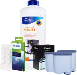 Zestaw Philips Saeco - Filtr Philips Aquaclean CA6903 3szt, Uniwersalny Odkamieniacz 1L, Philips CA6704/10 Tabletki Czyszczące