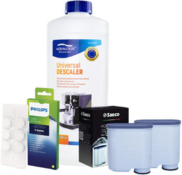 Zestaw Philips Saeco - Filtr Philips Aquaclean CA6903 2szt, Uniwersalny Odkamieniacz 1L, Philips CA6704/10 Tabletki Czyszczące