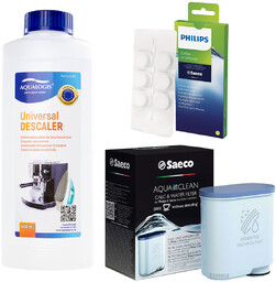 Zestaw Philips Saeco - Filtr Philips Aquaclean CA6903, Uniwersalny Odkamieniacz 500ml, Philips CA6704/10 Tabletki Czyszczące