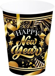 FIESTAS GUIRCA 6 szklanek jednorazowych Happy New Year (240 ml) (9 cm) - Dekoracja stołu na przyjęcie noworoczne i ukończenie szkoły - idealne na obchody Nowego Roku - Czarny, Złoto