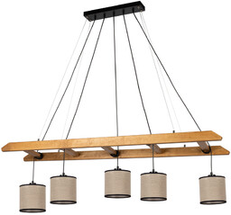 Lampa wisząca Eskalo 5xE27 maks. 25W barwiona sosna brązowa/czarny metal/czarny kabel PVC/naturalny len z czarnym kloszem wstążkowym 7739551