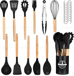 24-częściowy zestaw przyborów kuchennych: nieprzywierające, odporne na wysokie temperatury, silikonowe naczynia do gotowania, z drewnianym uchwytem, 12 haczyków S, kolor czarny
