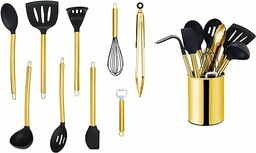 ECHTWERK Przybory kuchenne, 10-częściowy zestaw, Przybory kuchenne z uchwytem ze stali nierdzewnej, Uchwyt na narzędzia, Nieprzywierające silikonowe przybory kuchenne, edycja złota