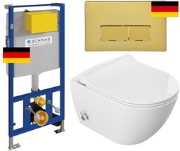 ZESTAW 5W1 : Miska WC z bidetem Rimless 51x36x32,5 cm i z baterią ciepła zimna /woda + deska duroplastslim soft close + stelaż + przycisk złoły SCHWAB