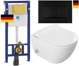 ZESTAW 5W1 : Miska WC z bidetem Rimless 51x36x32,5 cm i z baterią ciepła zimna /woda + deska duroplastslim soft close + stelaż + przycisk czarny, SCHWAB