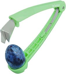 Dr. Oetker Drylownica do śliwek 15 cm, do ciasta i przetworów w mgnieniu oka, ostrze z metalu, z gumką do przechowywania oszczędzającą miejsce (kolor: zielony), ilość: 1 sztuka
