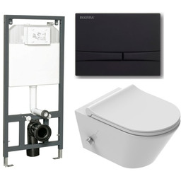 ZESTAW: Stelaż + czarny przycisk + Miska WC z funkcją bidetu, Tornado z baterią ciepła zimna /woda +deska duroplast slim soft close, biała Viba Azul