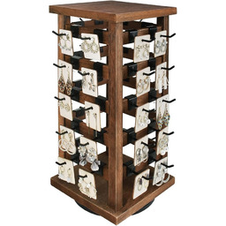 Ikee Design Obrotowy stojak do przechowywania biżuterii z naturalnego drewna z 42 haczykami, drewniana wisząca wieża akcesoriów, brązowy kolor, 18 cm szer. x 18 cm gł. x 40 cm wys