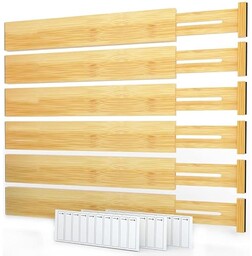 SpaceAid Bambusowe przegrody do szuflad z etykietami, kuchenne regulowane organizery do szuflad, rozszerzalna organizacja do domu, biura, komody i łazienki, 6 przegródek (43-56 cm)