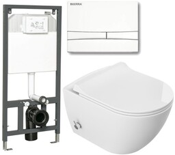 ZESTAW 5w1: stelaż + przycisk biały + Miska WC z funkcją bidetu Rimless 51x36x32,5 cm i z baterią ciepła zimna /woda +deska duroplastslim soft close , biała