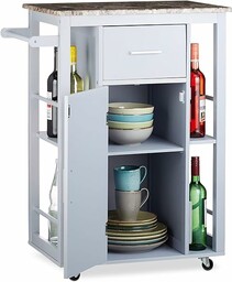 Relaxdays, szary wózek kuchenny z półkami, blat o wyglądzie kamienia, kółka 360 , szuflada, drewno sosnowe, wys. x gł.: 86 x 66,5 x 40 cm, standardowy