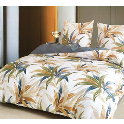 Pościel z satyny bawełnianej dwustronna granatowo-biała w kolorowe liście bambusa SBA-142