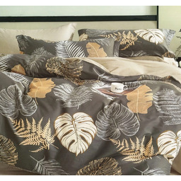 Pościel z satyny bawełnianej dwustronna beżowo-grafitowa w kolorowe liście SBA-143
