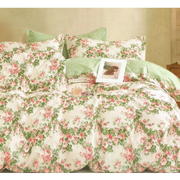 Pościel z satyny bawełnianej dwustronna zielono-kremowa w róże SBA-144