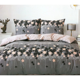 Pościel z satyny bawełnianej dwustronna grafitowo-beżowa w kolorowe kwiaty SBA-147