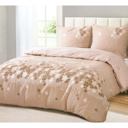 Pościel z satyny bawełnianej dwustronna cappuccino w białe i brązowe kwiaty SBA-148