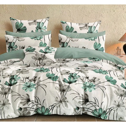 Pościel z satyny bawełnianej dwustronna biała w szare i turkusowe kwiaty SBA-149
