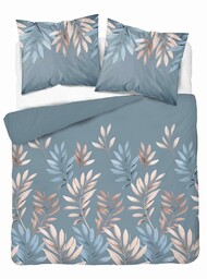 Detexpol Pościel z mikrosatyny 220x200 niebieska ciemna beżowa liście 5472 A Micro 57
