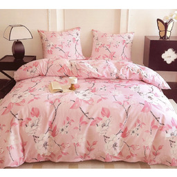 Pościel z satyny bawełnianej dwustronna różowa w białe kwiaty SBA-150