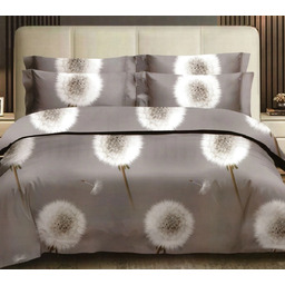 Pościel z satyny bawełnianej dwustronna grafitowa w białe dmuchawce SBA-151