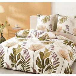 Pościel z satyny bawełnianej dwustronna beżowo-biała w kolorowe kwiaty i liście SBA-156