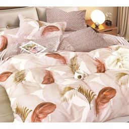 Pościel z satyny bawełnianej dwustronna biała w beżowe liście i brązowe pióra SBA-163